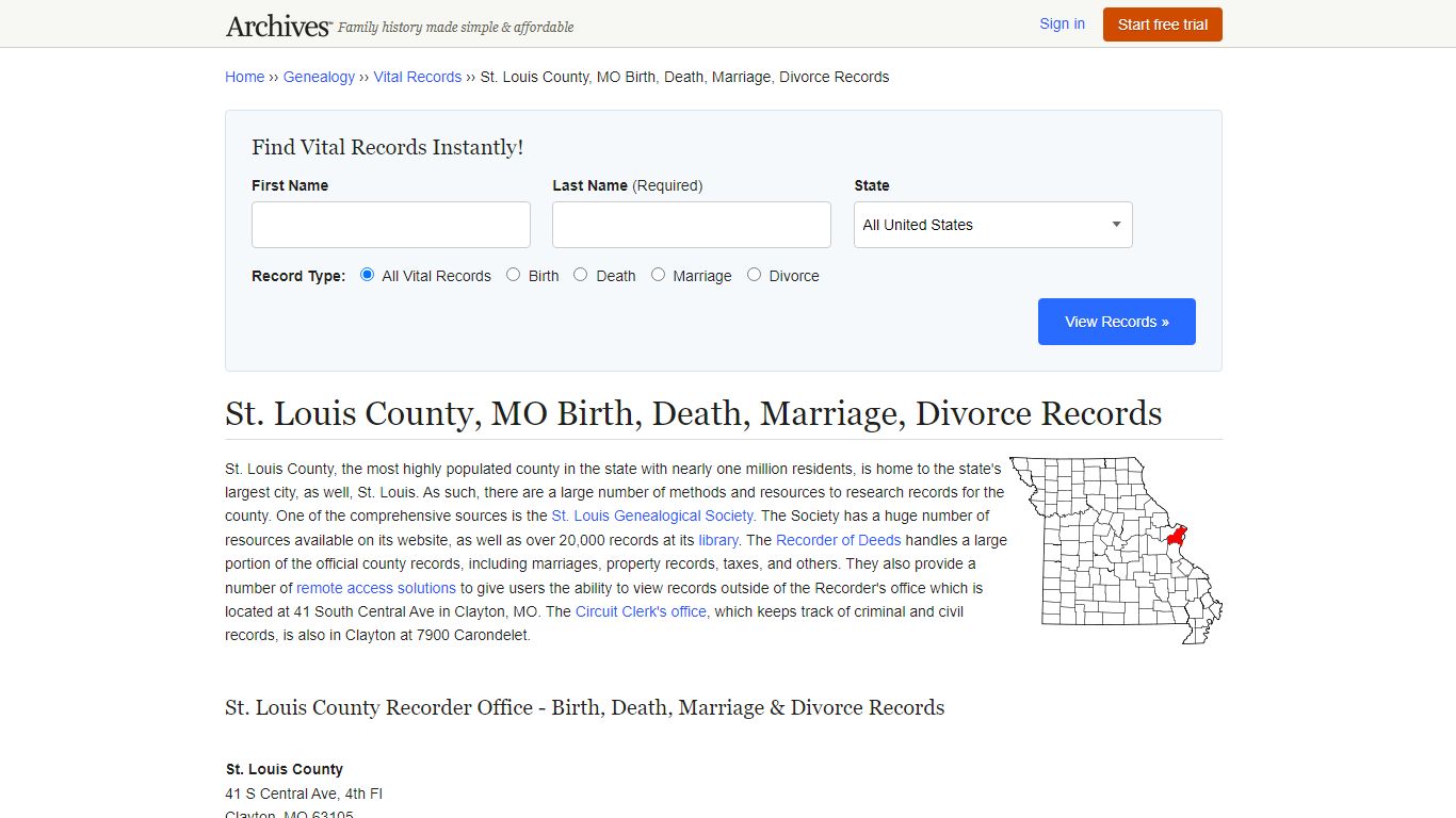St. Louis County, MO Birth, Death, Marriage, Divorce Records